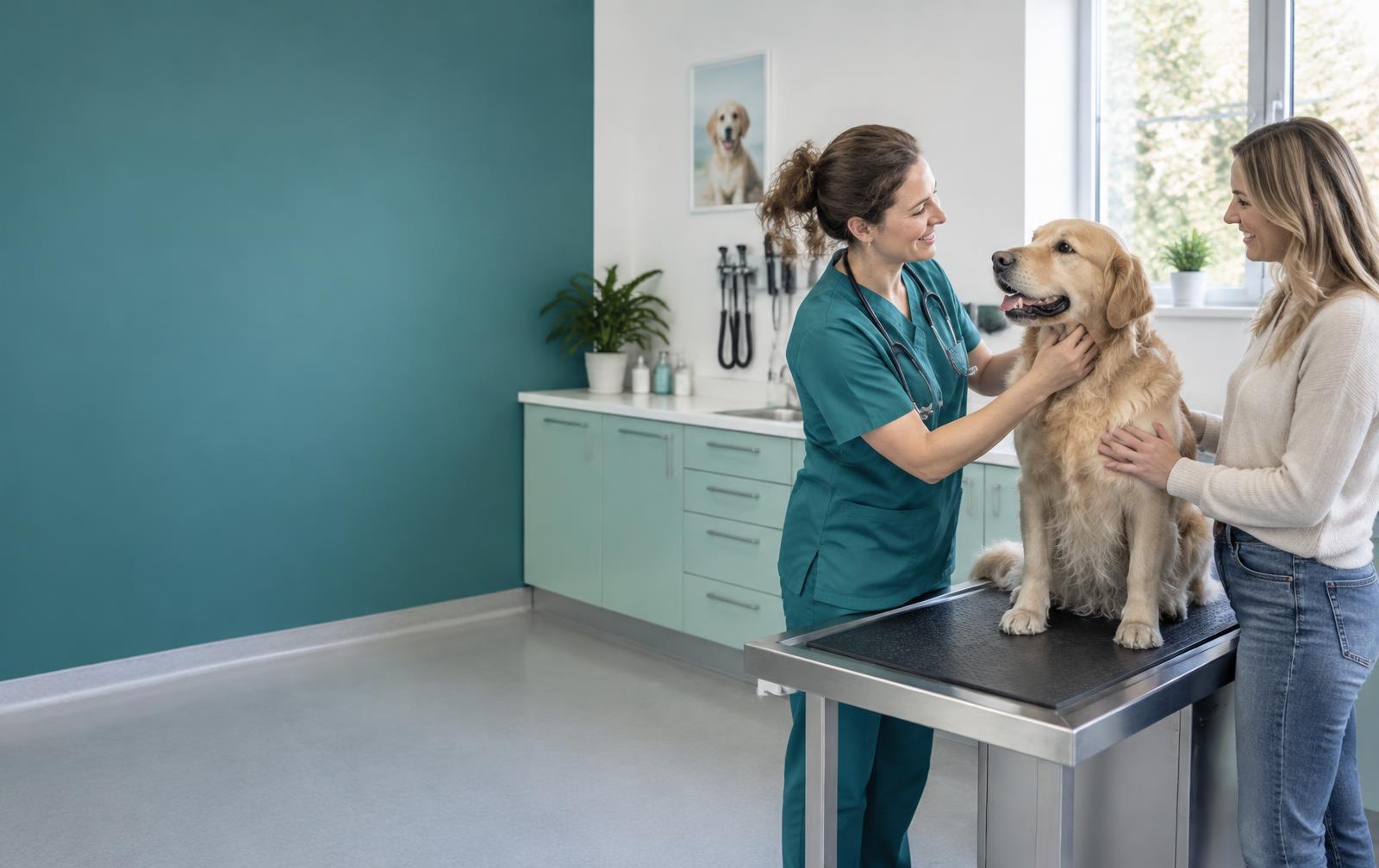 Dierenarts onderzoekt rustig een hond samen met zijn eigenaar in een lichte dierenkliniek